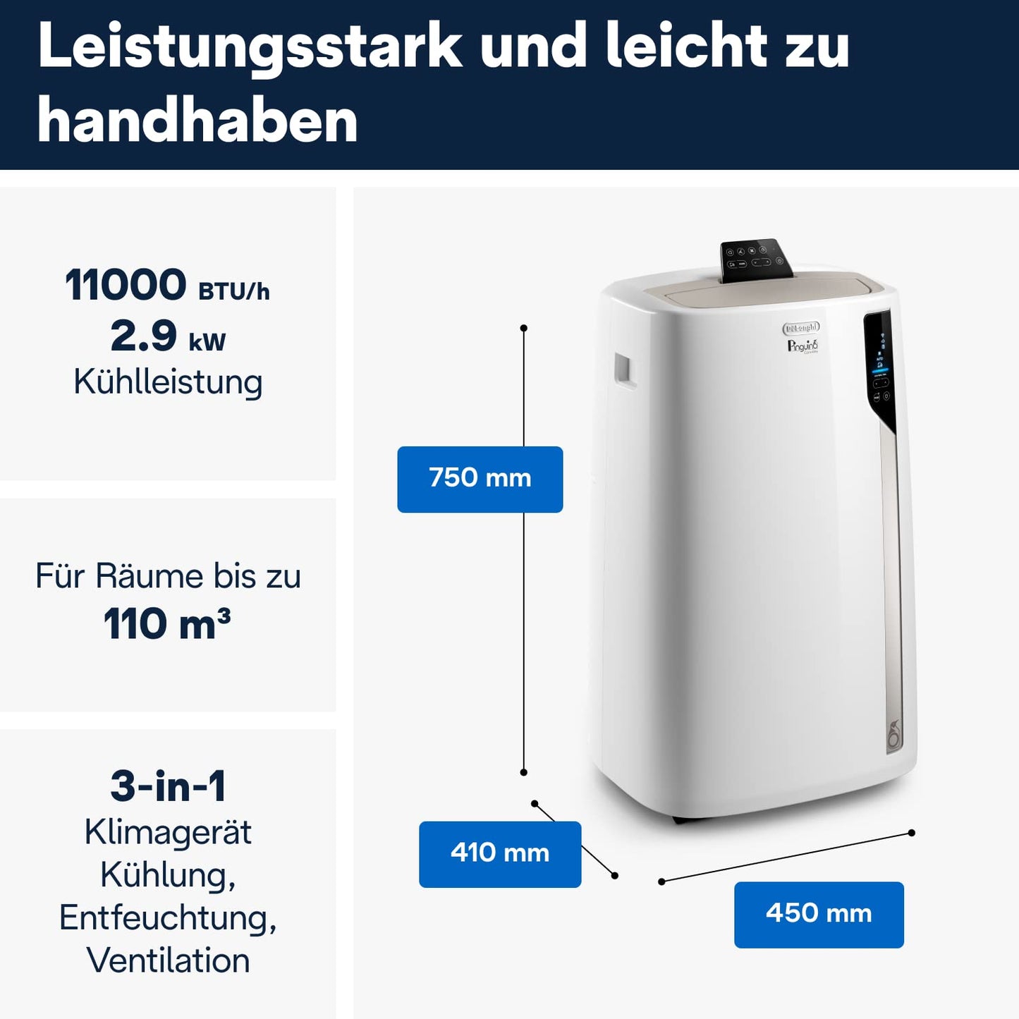 De'Longhi Pinguino PAC EL112 CST WiFi, Mobile Klimaanlage mit MyEcoRealFeel-Technologie für Räume bis zu 110 m³,11.000 BTU/h