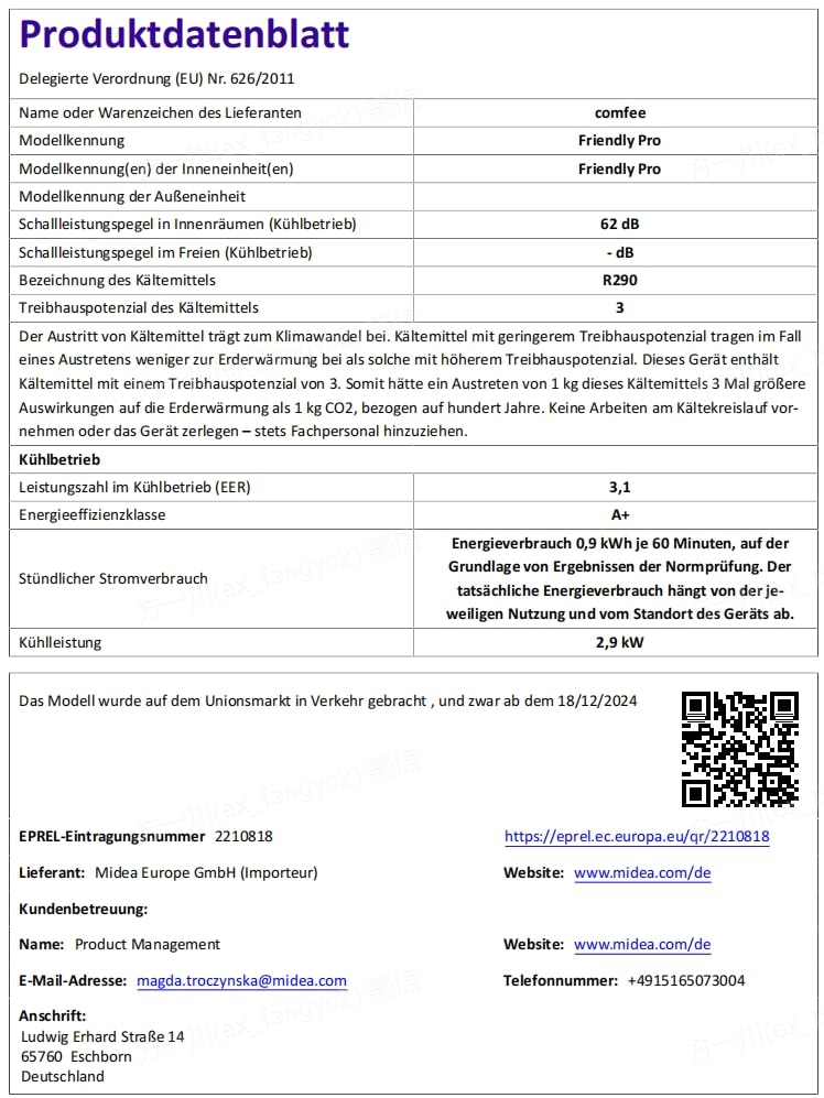 Comfee Mobiles Klimagerät Umweltfreundliches KältemittelPro, 3-in-1 Klimaanlage mit Abluftschlauch, Kühlen und Entfeuchten und Ventilieren