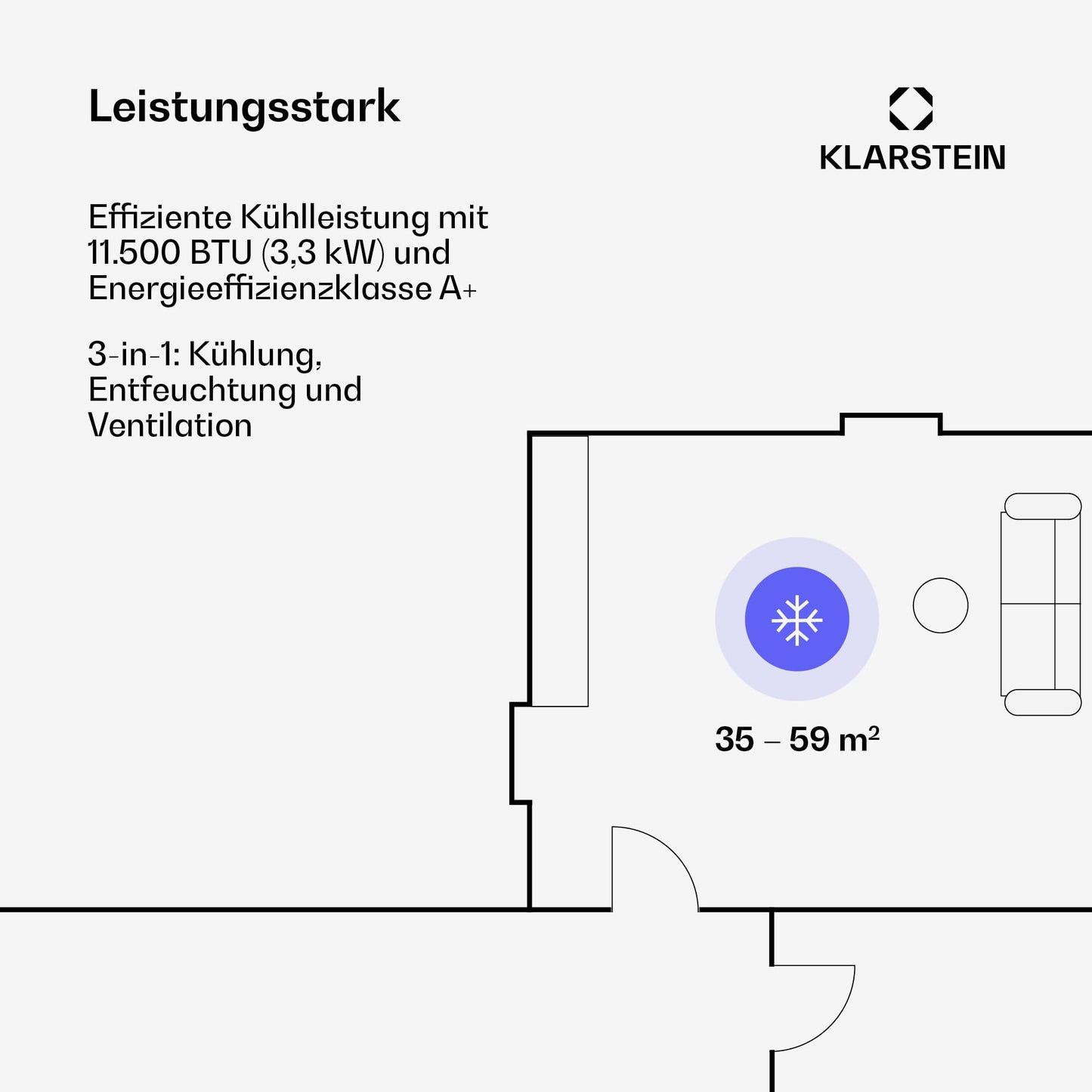 Klarstein Kraftwerk Eco Smart 11 Mobiles Klimagerät – 11,500 BTU, 35-59 m², WiFi & App-Steuerung