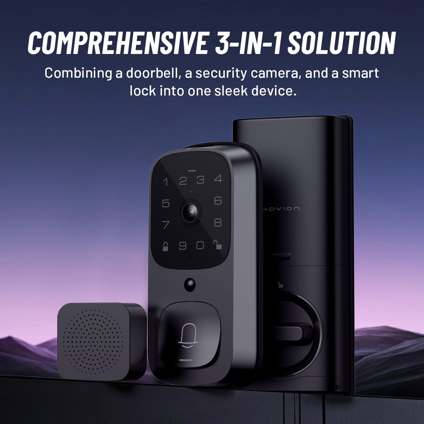 HAVION NIU Inno., Riegelschloss mit Kamera, inkl. Klingel, 3-in-1 WLAN-Riegel, Kamera, Video-Türklingel, schlüsselloses Fingerabdruckschloss für Eingangstür, 32 GB eMMC, 10000 mAh, 2K QHD und 170°
