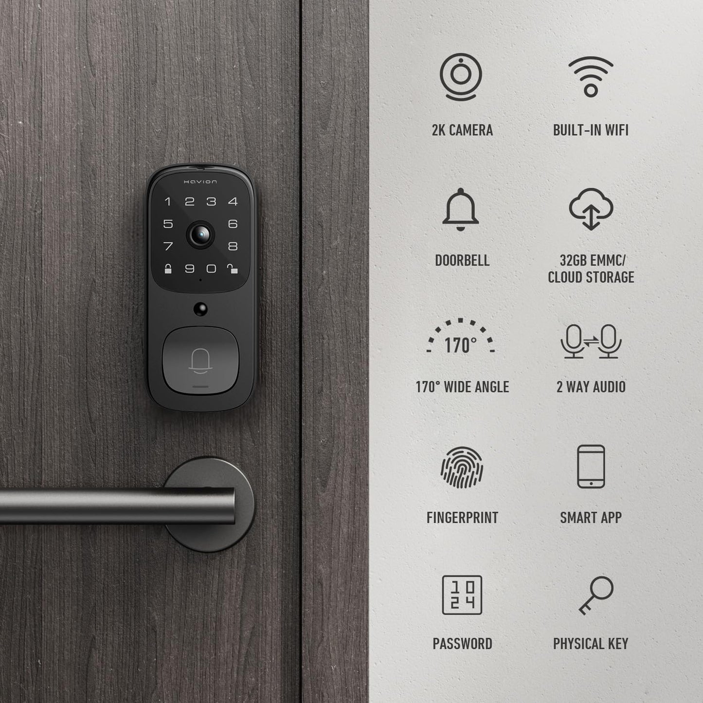 HAVION NIU Inno., Riegelschloss mit Kamera, inkl. Klingel, 3-in-1 WLAN-Riegel, Kamera, Video-Türklingel, schlüsselloses Fingerabdruckschloss für Eingangstür, 32 GB eMMC, 10000 mAh, 2K QHD und 170°