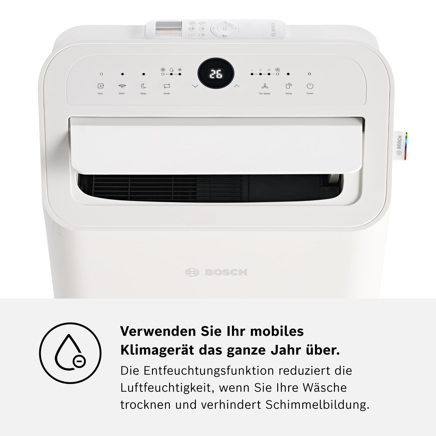 Bosch Cool 2000 Mobiles Klimagerät - 3-in-1: Klimagerät, Luftentfeuchter, Ventilator - 2,6 kW Kühlleistung für Räume