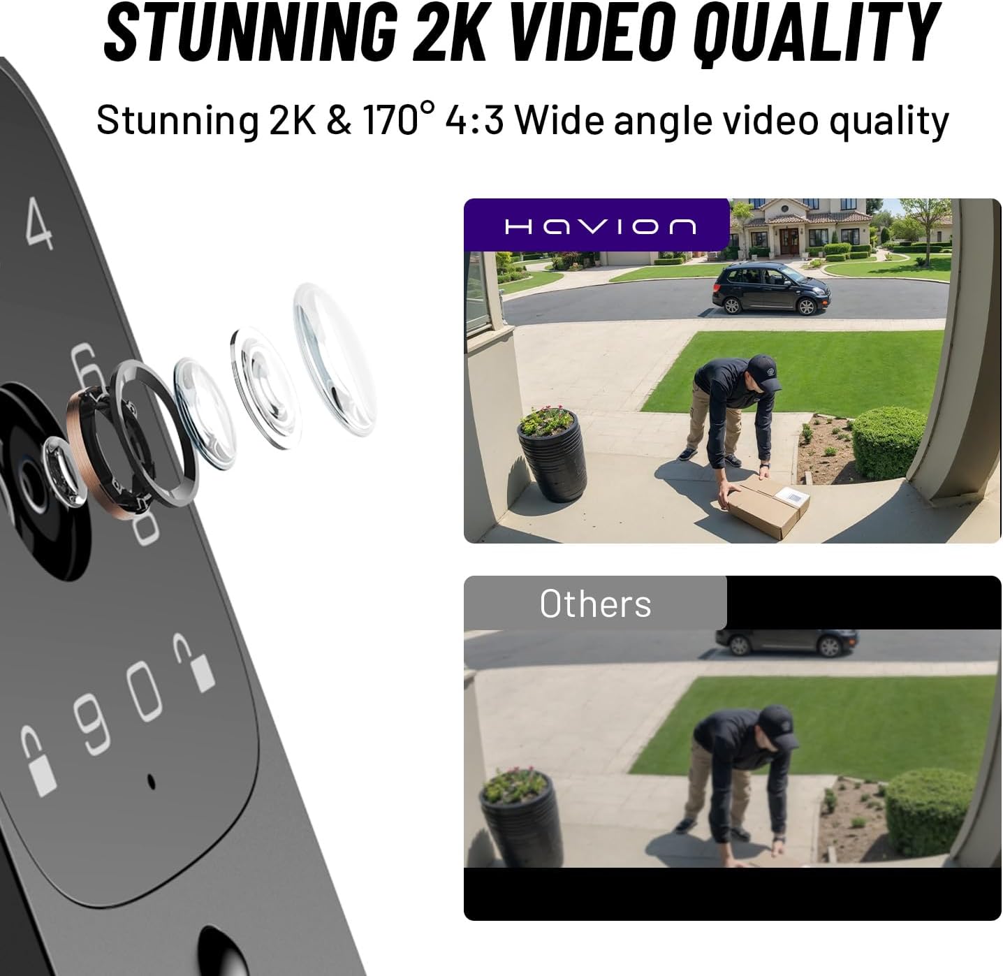 HAVION NIU Inno., Riegelschloss mit Kamera, inkl. Klingel, 3-in-1 WLAN-Riegel, Kamera, Video-Türklingel, schlüsselloses Fingerabdruckschloss für Eingangstür, 32 GB eMMC, 10000 mAh, 2K QHD und 170°