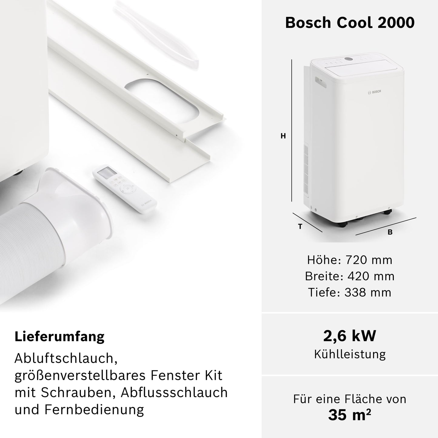 Bosch Cool 2000 Mobiles Klimagerät - 3-in-1: Klimagerät, Luftentfeuchter, Ventilator - 2,6 kW Kühlleistung für Räume