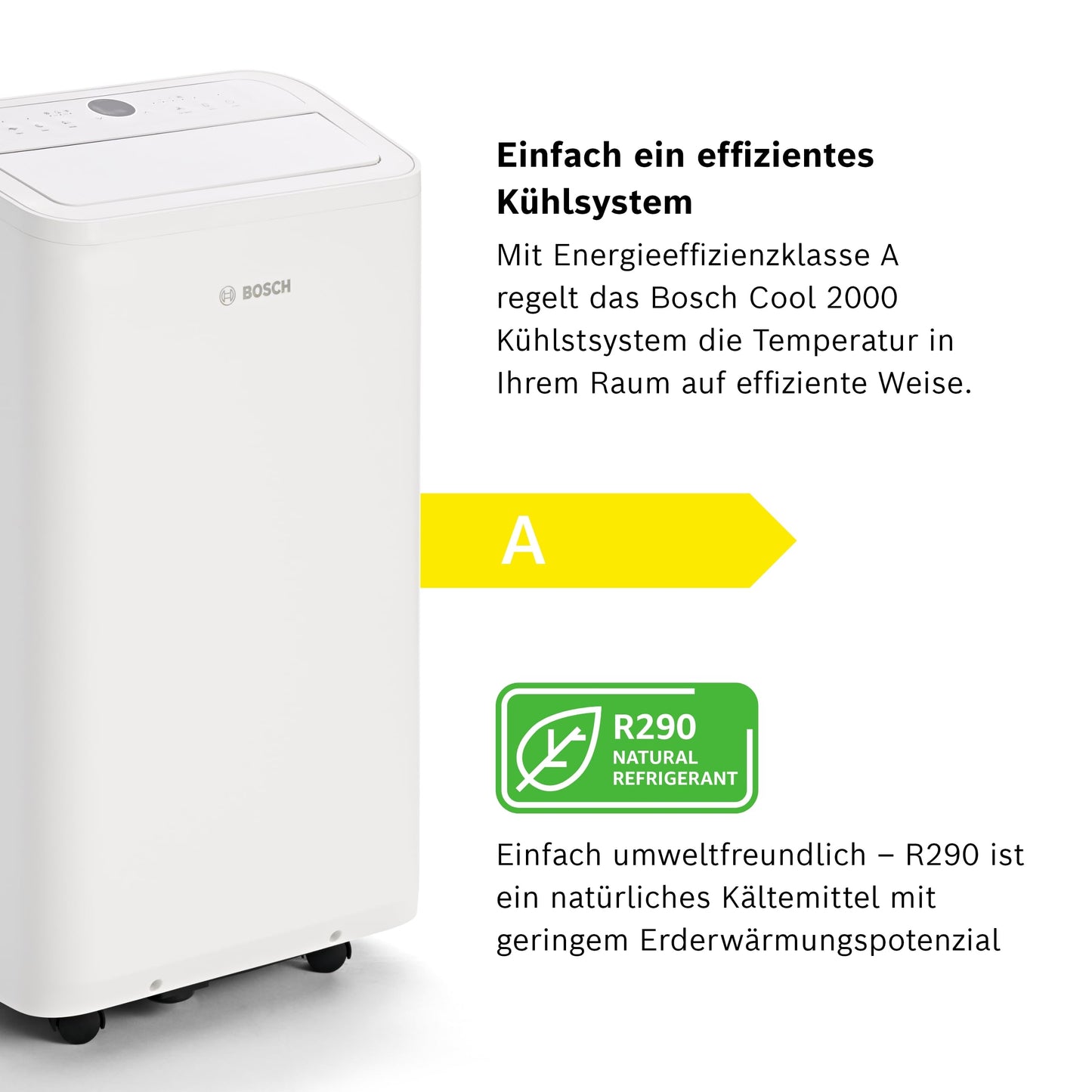 Bosch Cool 2000 Mobiles Klimagerät - 3-in-1: Klimagerät, Luftentfeuchter, Ventilator - 2,6 kW Kühlleistung für Räume