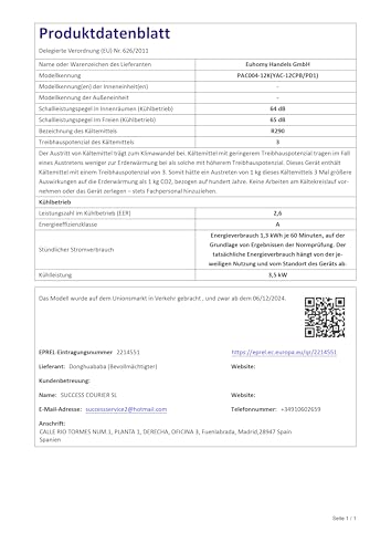EUHOMY Mobile Klimaanlage 12000 BTU mit Abluftschlauch | 3-in-1 Mobiles Klimagerät
