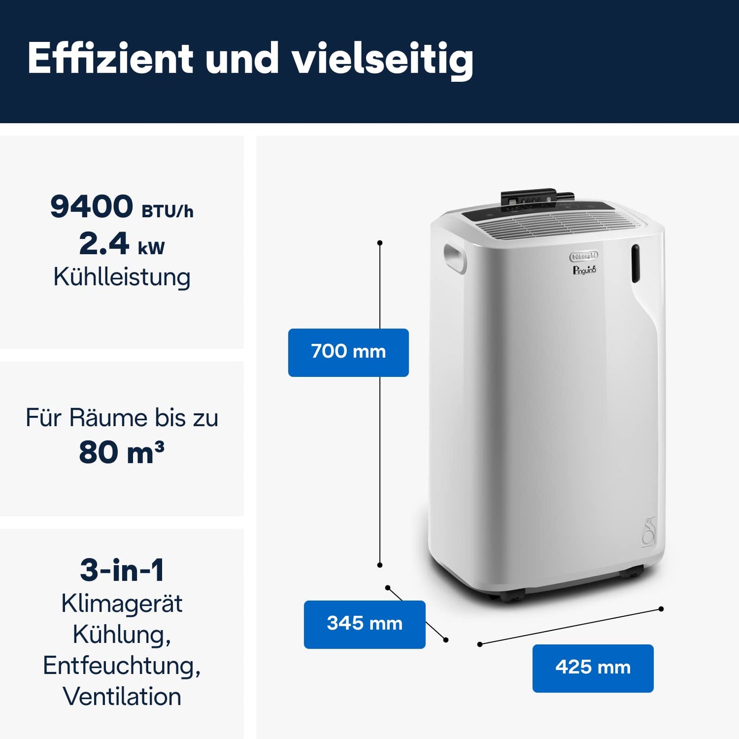De'Longhi Pinguino PAC EM82, Mobile Klimaanlage für Räume bis zu 80 m³