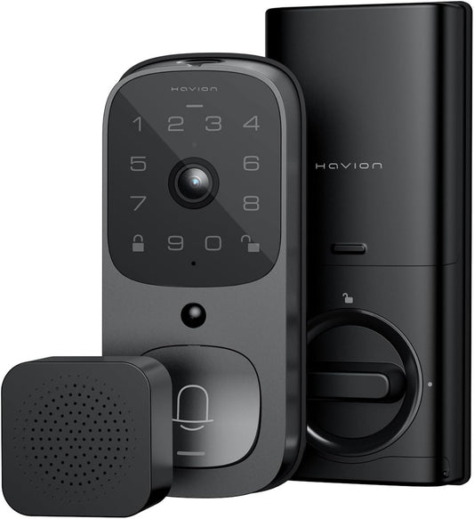HAVION NIU Inno., Riegelschloss mit Kamera, inkl. Klingel, 3-in-1 WLAN-Riegel, Kamera, Video-Türklingel, schlüsselloses Fingerabdruckschloss für Eingangstür, 32 GB eMMC, 10000 mAh, 2K QHD und 170°