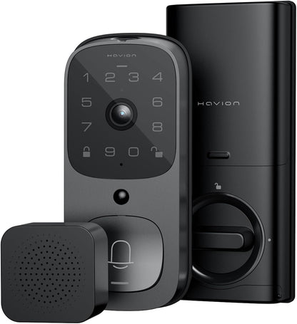 HAVION NIU Inno., Riegelschloss mit Kamera, inkl. Klingel, 3-in-1 WLAN-Riegel, Kamera, Video-Türklingel, schlüsselloses Fingerabdruckschloss für Eingangstür, 32 GB eMMC, 10000 mAh, 2K QHD und 170°
