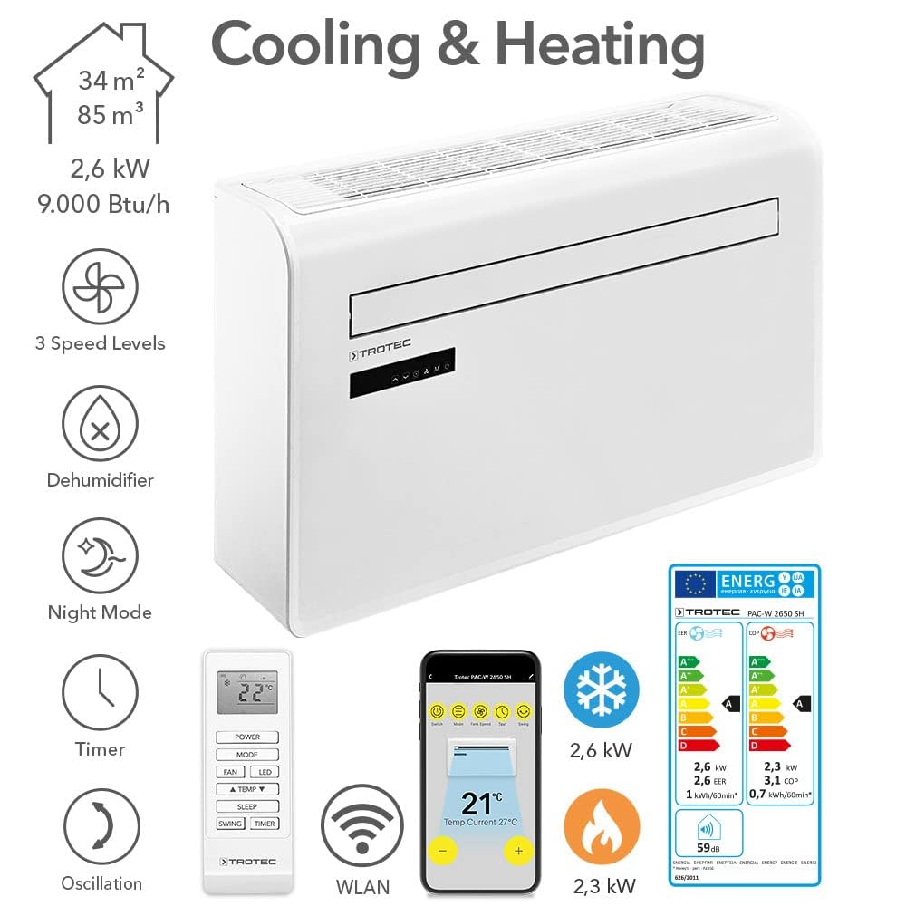 TROTEC Lokales Klimagerät mit Heizfunktion PAC-W 2650 SH mobile Klimaanlage 4-in-1 Kühlung, Beheizung, Ventilation