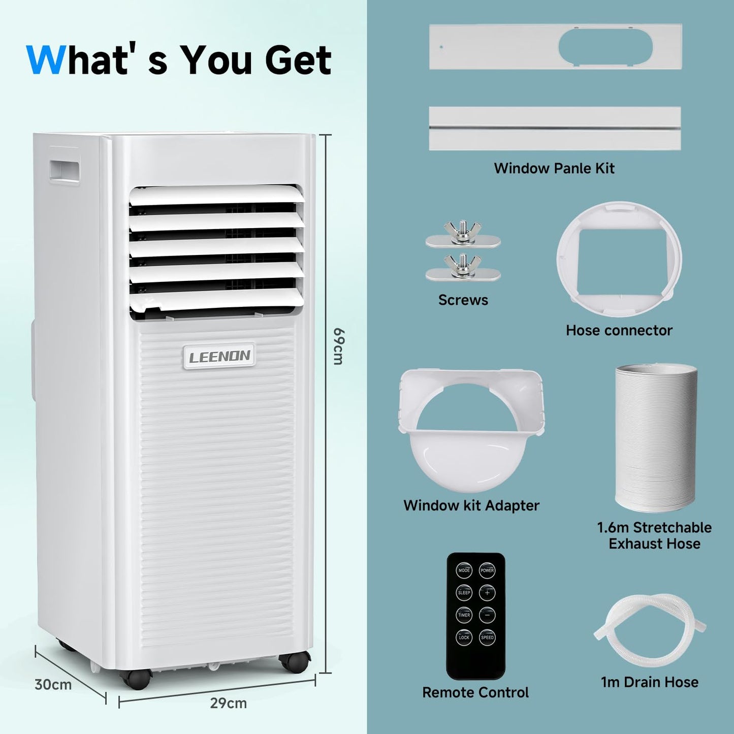 Klimaanlage Mobil 9000 BTU, LEENON Mobil Klimagerät 4 in 1 Kühlen Entfeuchten Ventilato& Schlafmodus, 2.6KW Mobile Klimaanlage mit Abluftschlauch