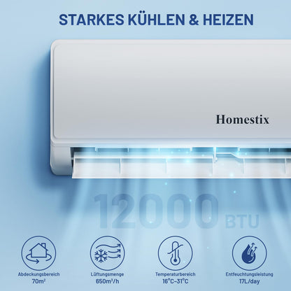 Split Klimaanlage 12000 BTU，4-in-1-Kältegerät mit Heizen, Kühlen, Entfeuchten und Lüften