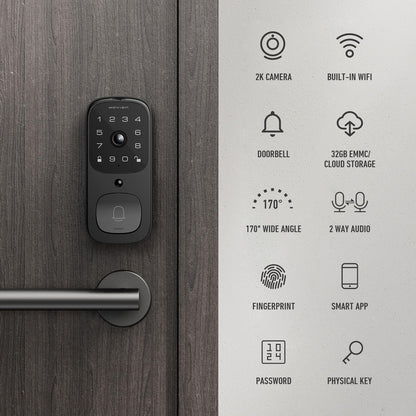 HAVION NIU Inno., Riegelschloss mit Kamera, inkl. Klingel, 3-in-1 WLAN-Riegel, Kamera, Video-Türklingel, schlüsselloses Fingerabdruckschloss für Eingangstür, 32 GB eMMC, 10000 mAh, 2K QHD und 170°
