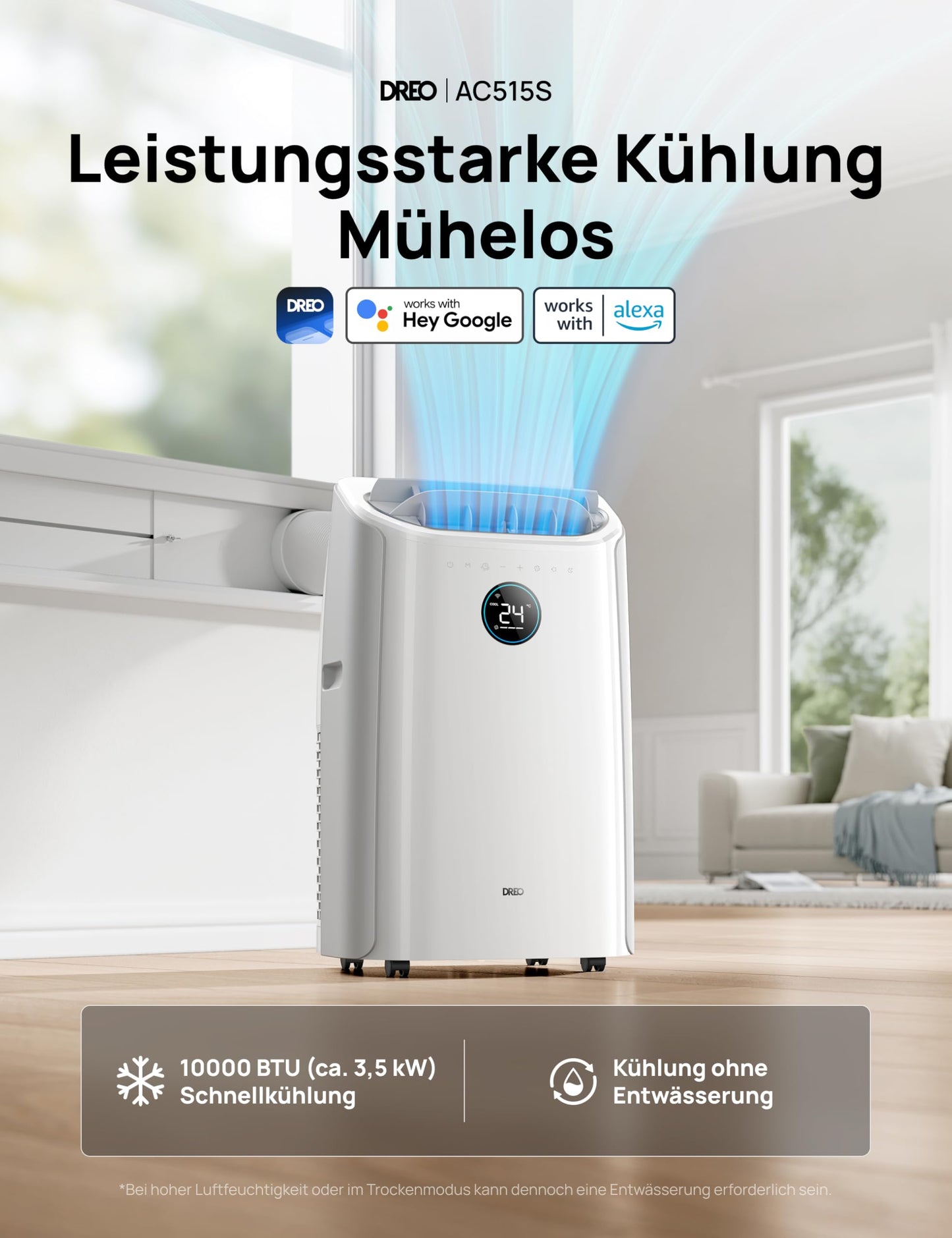 Dreo Tragbare Klimaanlagen, 10.000 BTU AC Einheit für Schlafzimmer mit Drainagefreier Kühlung, APP/Stimme/Fernbedienung