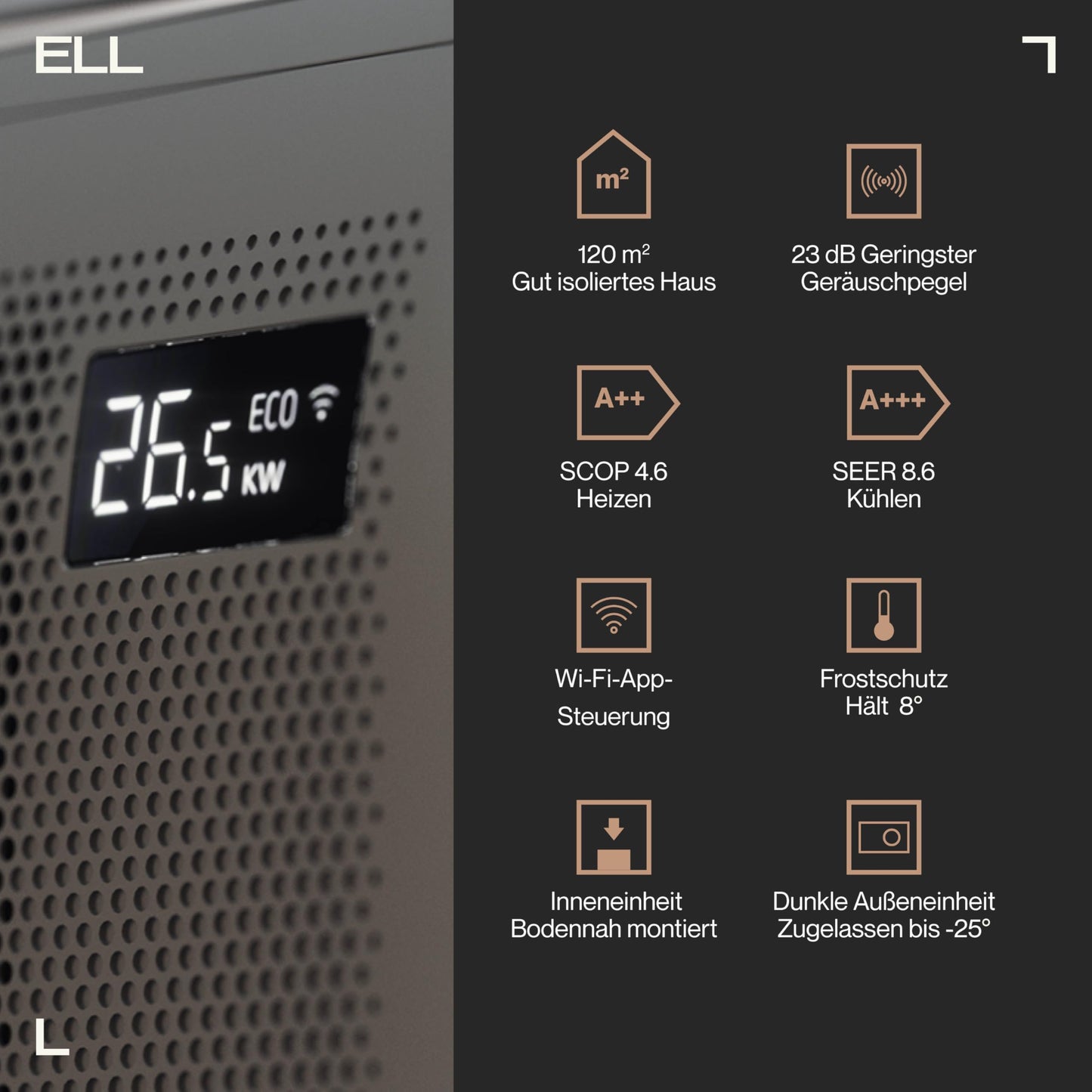 ELL Split-Klimaanlage 9000 BTU Kühlleistung & 13000 BTU Heizleistung