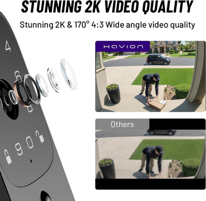 HAVION NIU Inno., Riegelschloss mit Kamera, inkl. Klingel, 3-in-1 WLAN-Riegel, Kamera, Video-Türklingel, schlüsselloses Fingerabdruckschloss für Eingangstür, 32 GB eMMC, 10000 mAh, 2K QHD und 170°