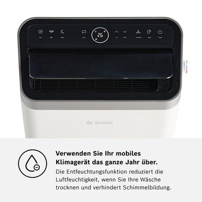 Bosch Cool 4000 Mobiles Klimagerät - 3-in-1: Klimagerät, Luftentfeuchter, Ventilator - 2,6 kW für Räume