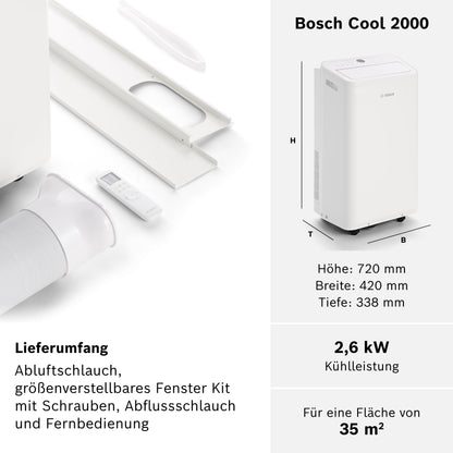 Bosch Cool 2000 Mobiles Klimagerät - 3-in-1: Klimagerät, Luftentfeuchter, Ventilator - 2,6 kW Kühlleistung für Räume