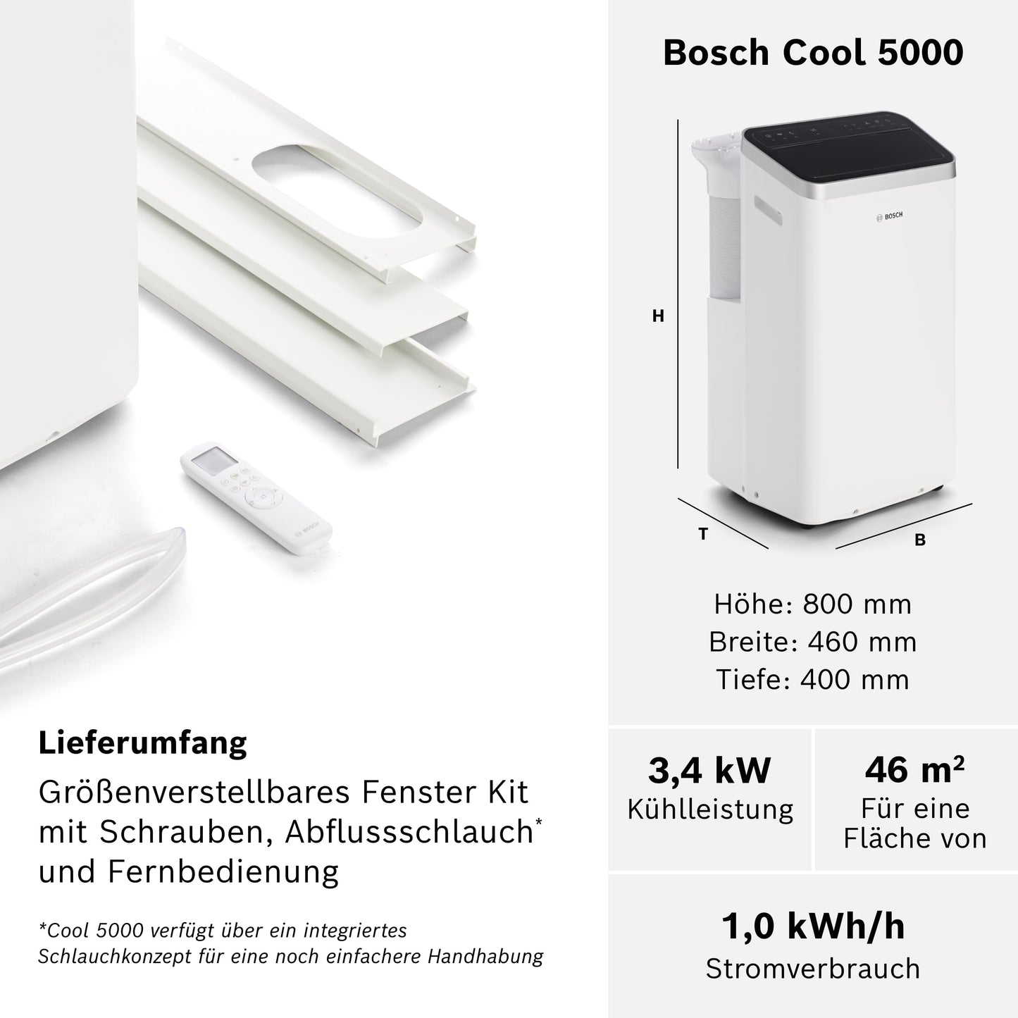 Bosch Cool 5000 Mobiles Klimagerät - 3-in-1 Klimaanlage, Luftentfeuchter, Ventilator - 3,4 kW für Räume bis zu 46 m²