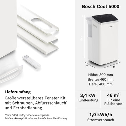 Bosch Cool 5000 Mobiles Klimagerät - 3-in-1 Klimaanlage, Luftentfeuchter, Ventilator - 3,4 kW für Räume bis zu 46 m²