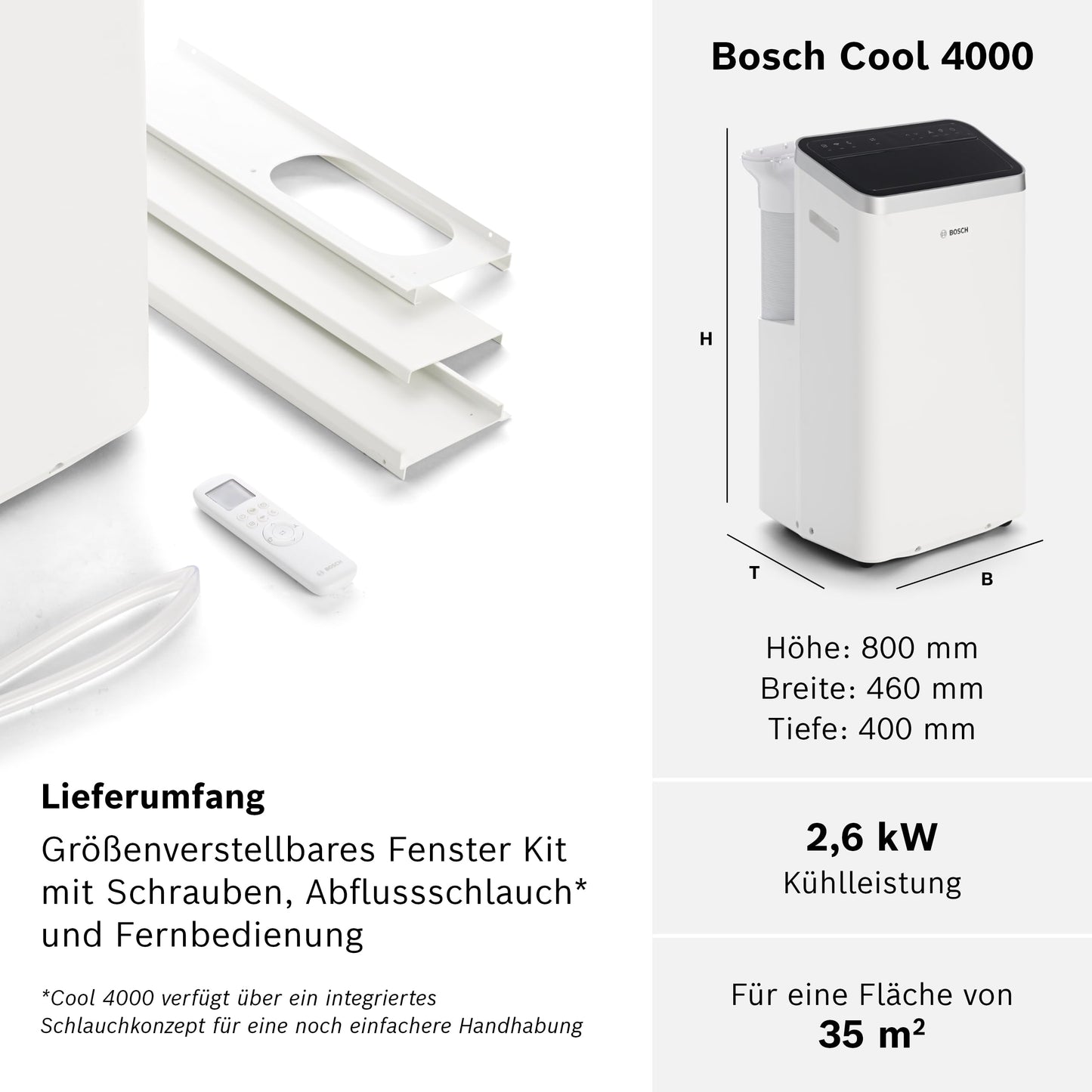 Bosch Cool 4000 Mobiles Klimagerät - 3-in-1: Klimagerät, Luftentfeuchter, Ventilator - 2,6 kW für Räume