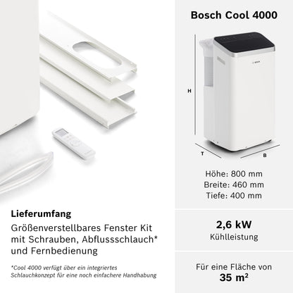 Bosch Cool 4000 Mobiles Klimagerät - 3-in-1: Klimagerät, Luftentfeuchter, Ventilator - 2,6 kW für Räume
