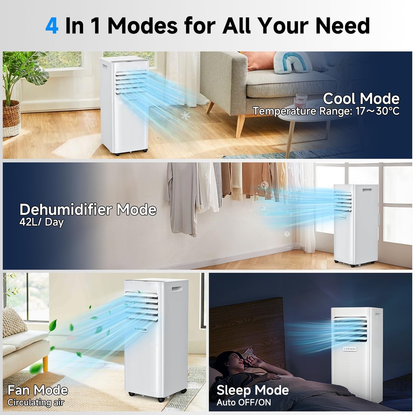 Klimaanlage Mobil 9000 BTU, LEENON Mobil Klimagerät 4 in 1 Kühlen Entfeuchten Ventilato& Schlafmodus, 2.6KW Mobile Klimaanlage mit Abluftschlauch