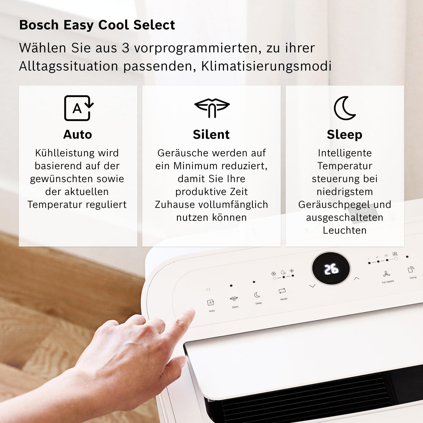 Bosch Cool 2000 Mobiles Klimagerät - 3-in-1: Klimagerät, Luftentfeuchter, Ventilator - 2,6 kW Kühlleistung für Räume