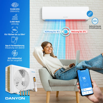 Danyon Split Klimaanlage Quick Connect - 12000 BTU (3,4 kW) - Inverter Klimagerät mit Heizfunktion