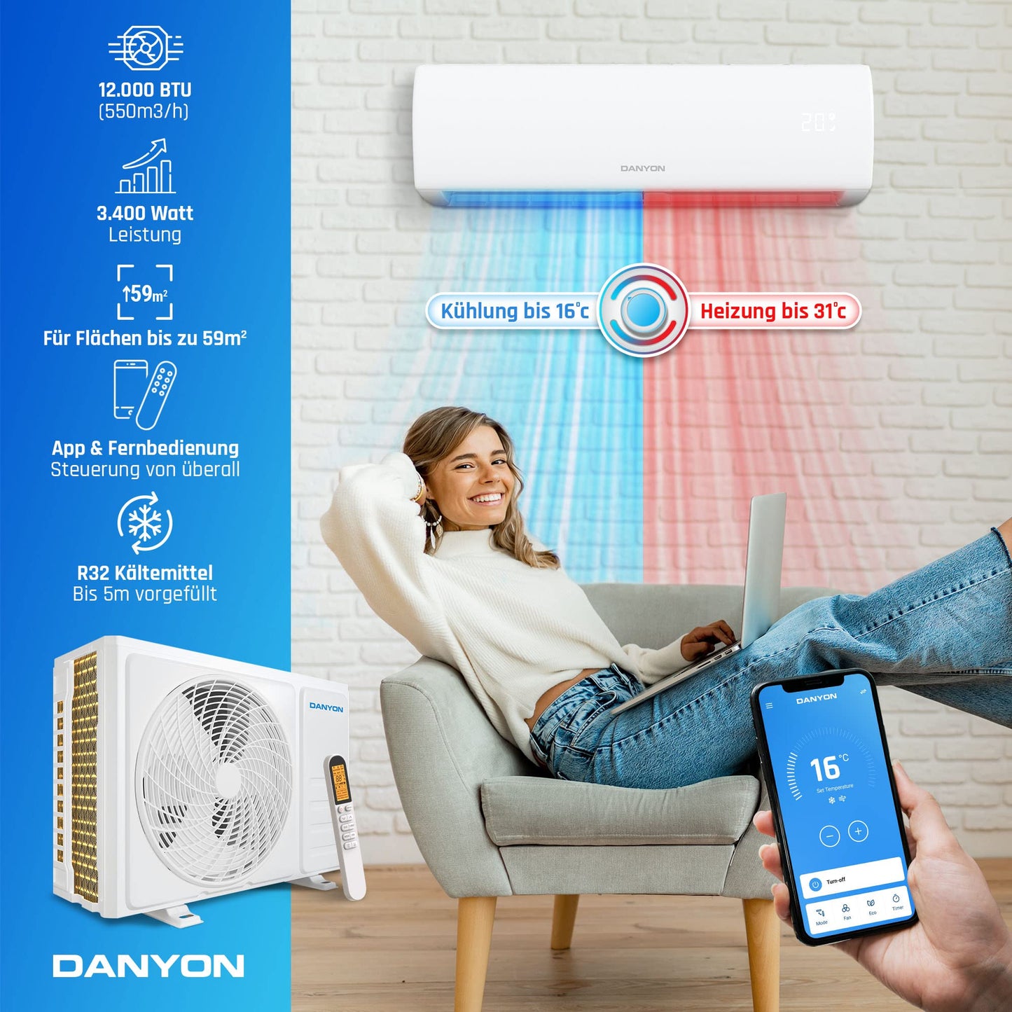 Danyon Klimaanlage Split - 12000 BTU - 3,4 kW, Selbstreinigung, leise, Smart Home, Inverter Klimagerät mit Heizfunktion