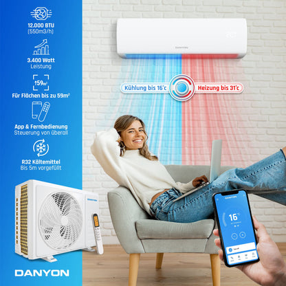 Danyon Klimaanlage Split - 12000 BTU - 3,4 kW, Selbstreinigung, leise, Smart Home, Inverter Klimagerät mit Heizfunktion