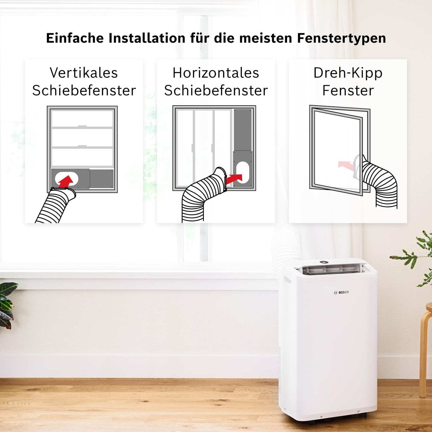 Bosch Cool 2000 Mobiles Klimagerät - 3-in-1: Klimagerät, Luftentfeuchter, Ventilator - 2,6 kW Kühlleistung für Räume