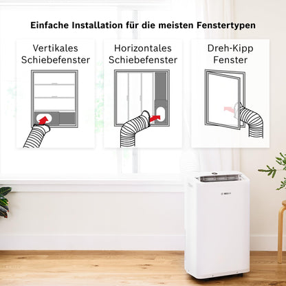 Bosch Cool 2000 Mobiles Klimagerät - 3-in-1: Klimagerät, Luftentfeuchter, Ventilator - 2,6 kW Kühlleistung für Räume