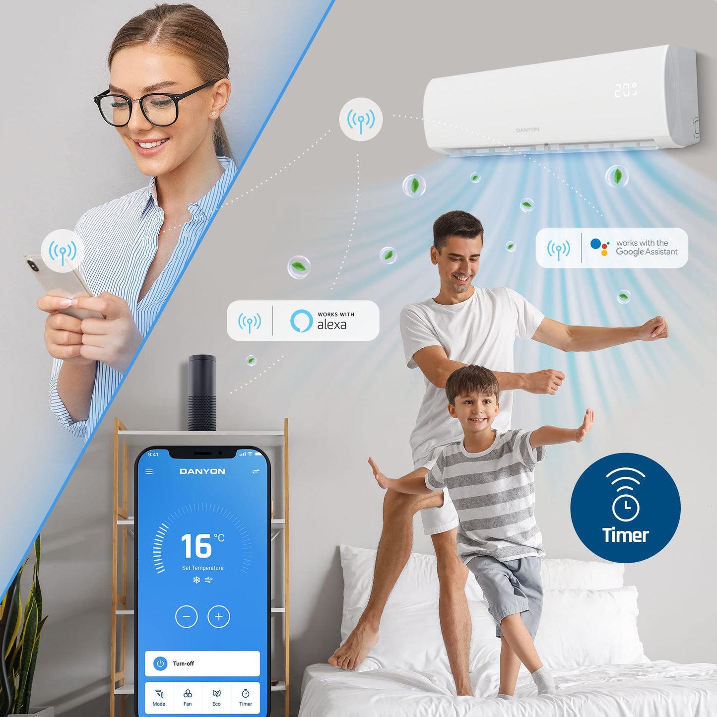 Danyon Klimaanlage Split - 12000 BTU - 3,4 kW, Selbstreinigung, leise, Smart Home, Inverter Klimagerät mit Heizfunktion