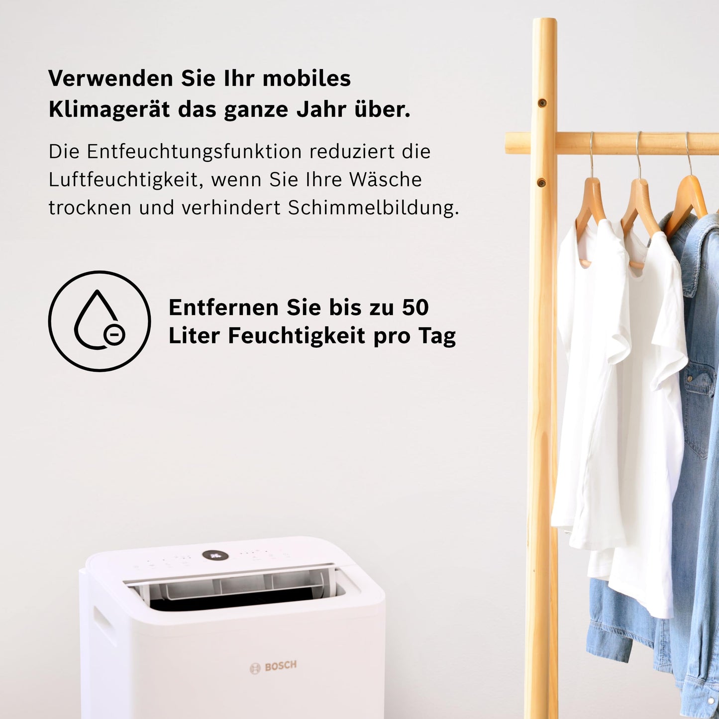 Bosch Cool 2000 Mobiles Klimagerät - 3-in-1: Klimagerät, Luftentfeuchter, Ventilator - 2,6 kW Kühlleistung für Räume