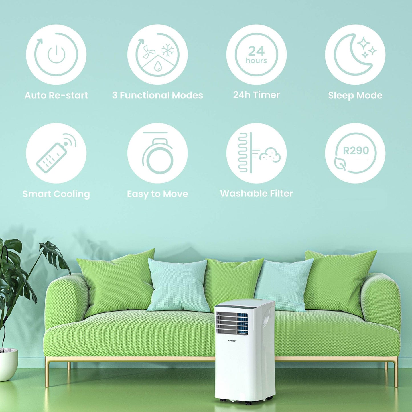 Comfee Mobiles Klimagerät MPPH-09CRN7, 9000 BTU 2,6kW, Kühlen&Ventilieren&Entfeuchten, Raumgröße bis 88m³(33㎡)