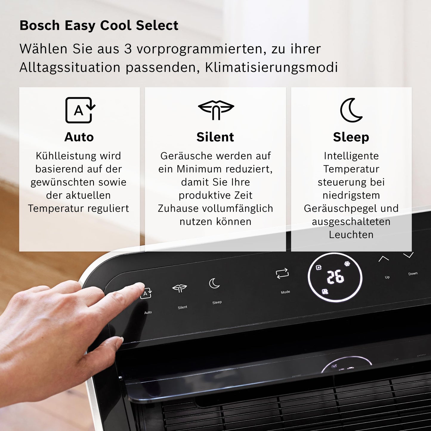 Bosch Cool 4000 Mobiles Klimagerät - 3-in-1: Klimagerät, Luftentfeuchter, Ventilator - 2,6 kW für Räume
