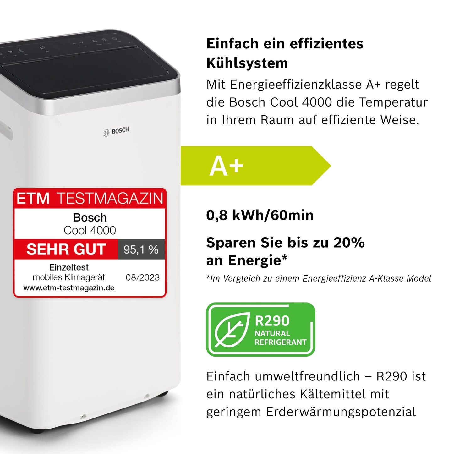 Bosch Cool 4000 Mobiles Klimagerät - 3-in-1: Klimagerät, Luftentfeuchter, Ventilator - 2,6 kW für Räume