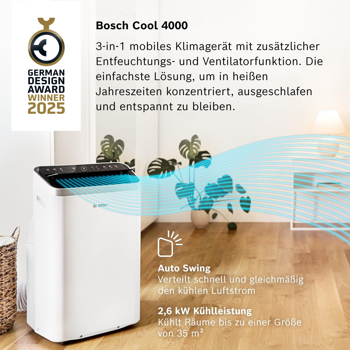 Bosch Cool 4000 Mobiles Klimagerät - 3-in-1: Klimagerät, Luftentfeuchter, Ventilator - 2,6 kW für Räume