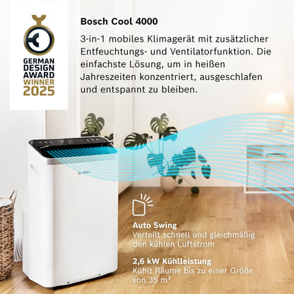 Bosch Cool 4000 Mobiles Klimagerät - 3-in-1: Klimagerät, Luftentfeuchter, Ventilator - 2,6 kW für Räume