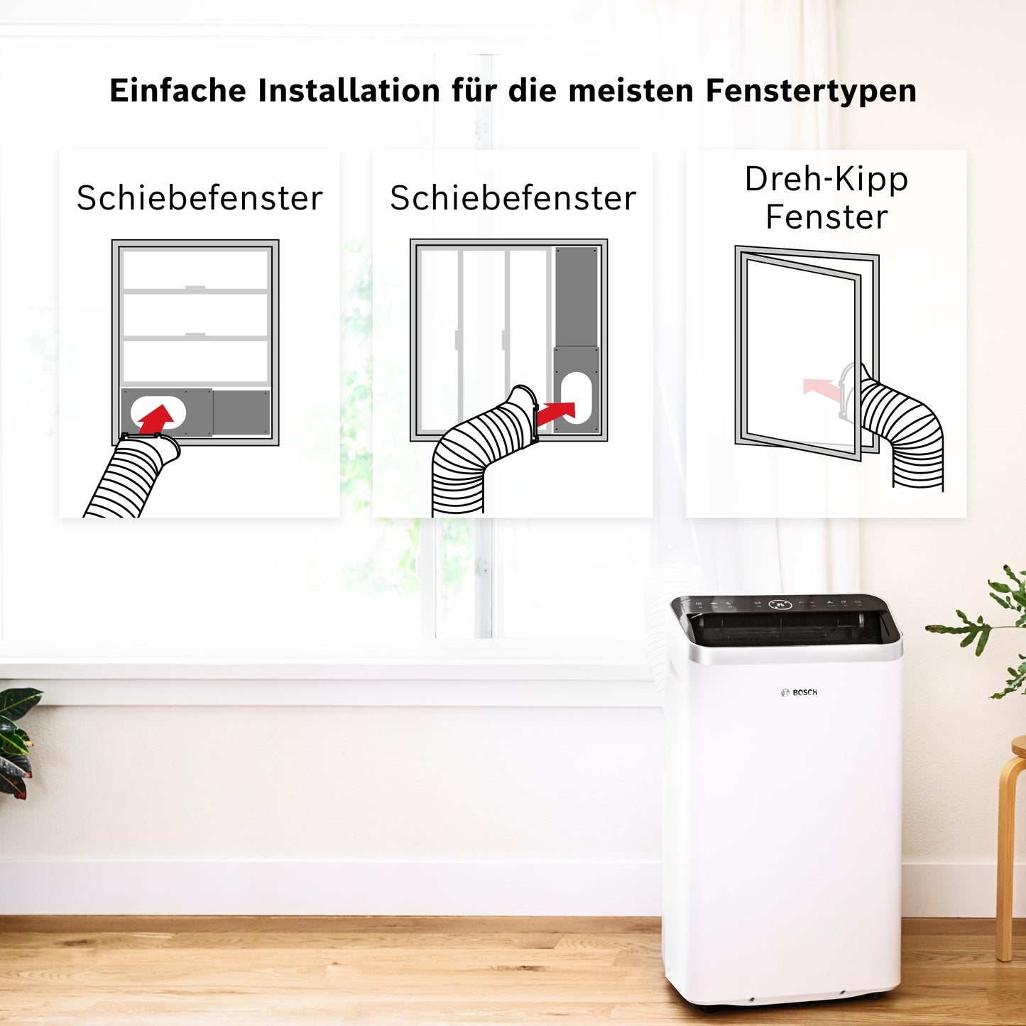 Bosch Cool 5000 Mobiles Klimagerät - 3-in-1 Klimaanlage, Luftentfeuchter, Ventilator - 3,4 kW für Räume bis zu 46 m²
