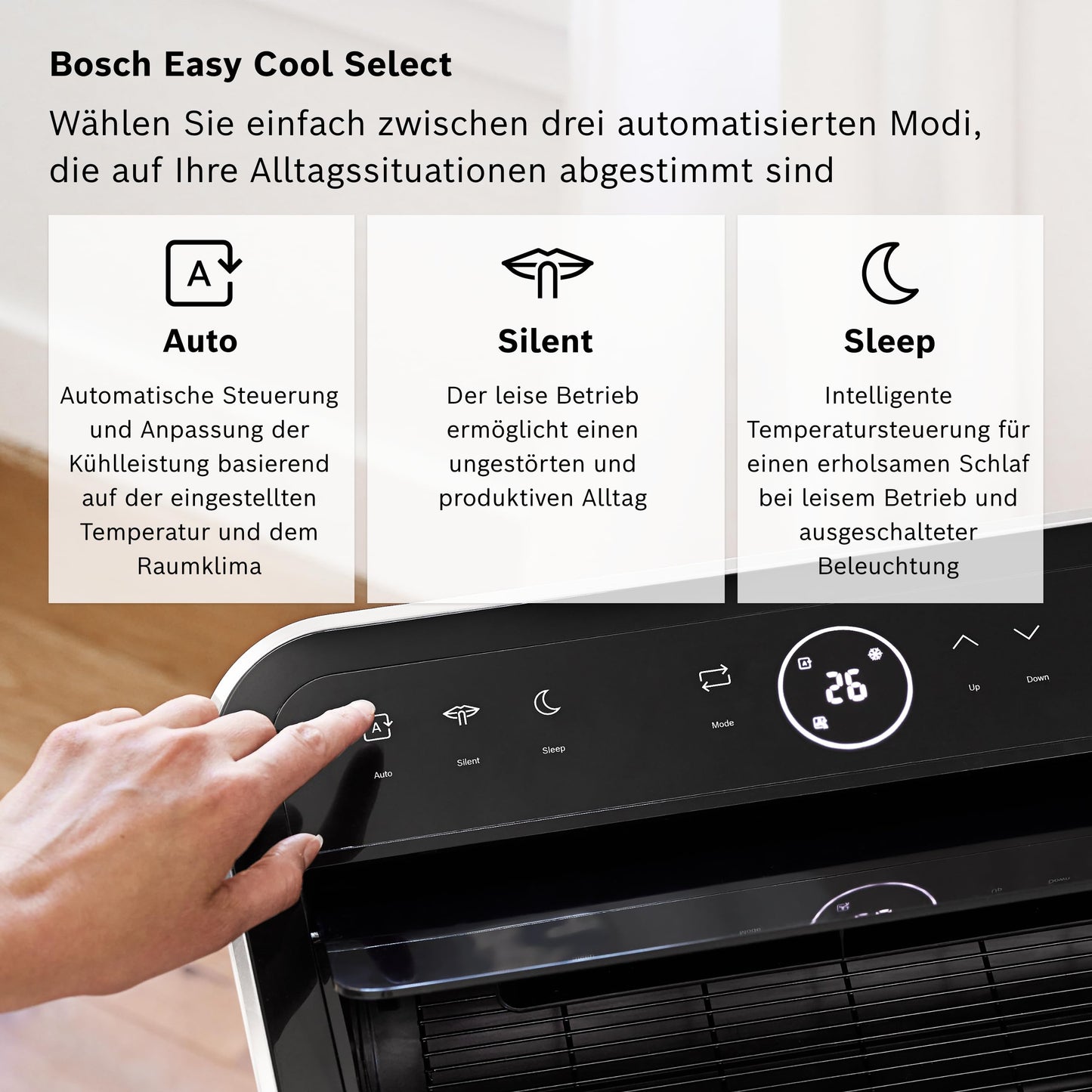 Bosch Cool 5000 Mobiles Klimagerät - 3-in-1 Klimaanlage, Luftentfeuchter, Ventilator - 3,4 kW für Räume bis zu 46 m²