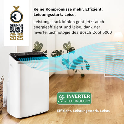 Bosch Cool 5000 Mobiles Klimagerät - 3-in-1 Klimaanlage, Luftentfeuchter, Ventilator - 3,4 kW für Räume bis zu 46 m²