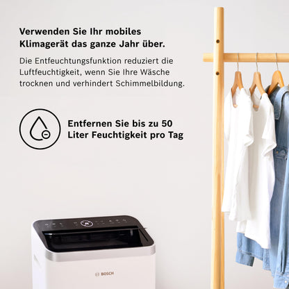 Bosch Cool 4000 Mobiles Klimagerät - 3-in-1: Klimagerät, Luftentfeuchter, Ventilator - 2,6 kW für Räume