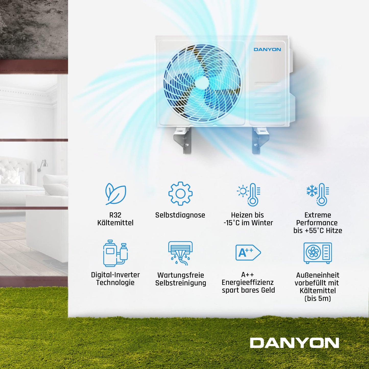 Danyon Klimaanlage Split - 12000 BTU - 3,4 kW, Selbstreinigung, leise, Smart Home, Inverter Klimagerät mit Heizfunktion