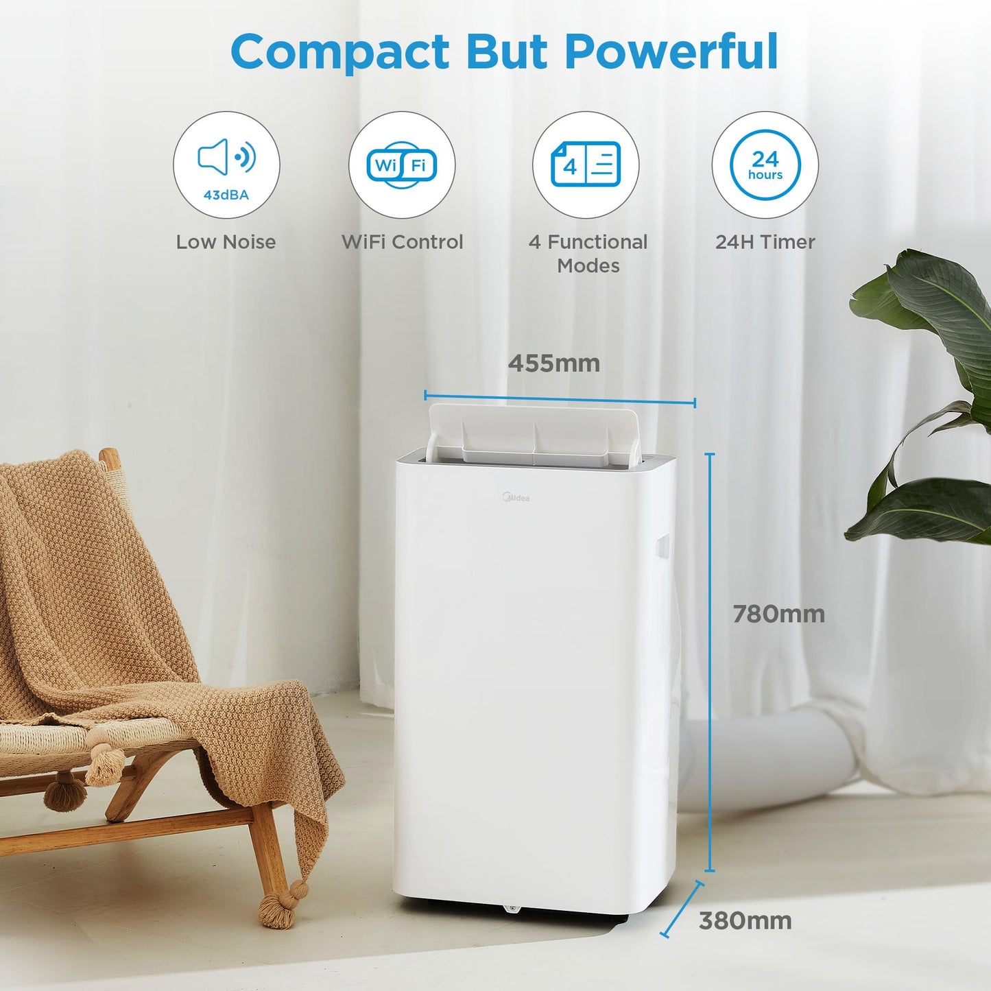 Midea Mobiles Klimagerät Silent Cool 26 Pro WF, 9000 BTU 2,6kW, Kühlen&Ventilieren&Entfeuchten, Raumgröße bis 88m³(33㎡)