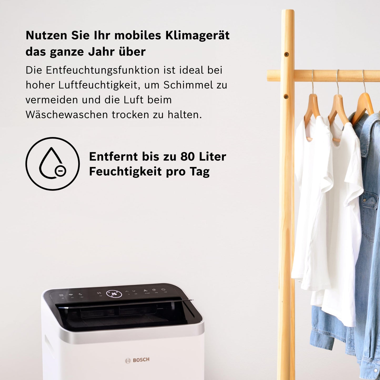 Bosch Cool 5000 Mobiles Klimagerät - 3-in-1 Klimaanlage, Luftentfeuchter, Ventilator - 3,4 kW für Räume bis zu 46 m²