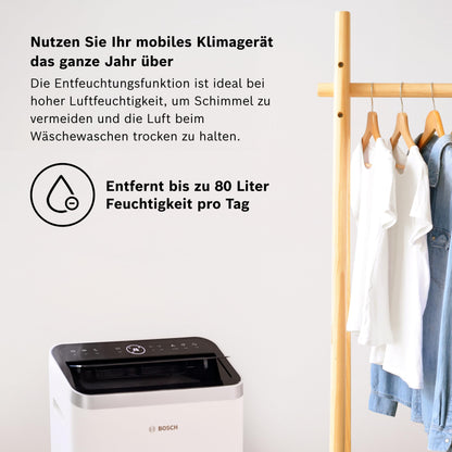 Bosch Cool 5000 Mobiles Klimagerät - 3-in-1 Klimaanlage, Luftentfeuchter, Ventilator - 3,4 kW für Räume bis zu 46 m²